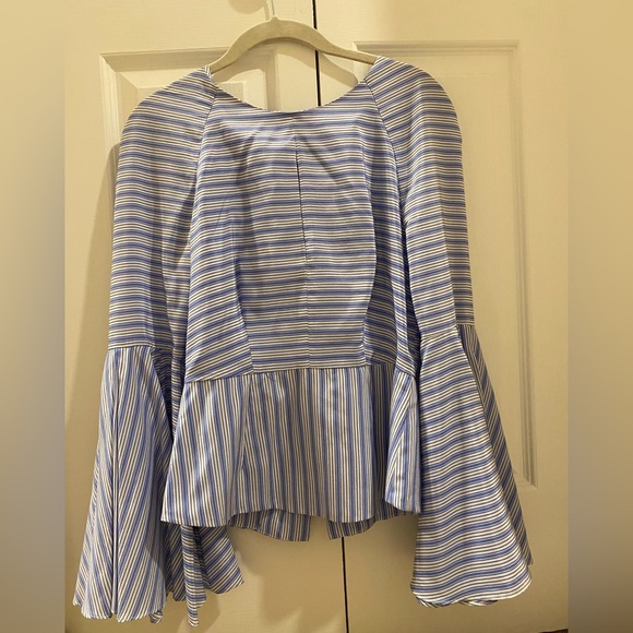 MILLY Luna Stripe Bell Sleeve Peplum Blouse Size 0 Sky Blue - Picture 6 of 7